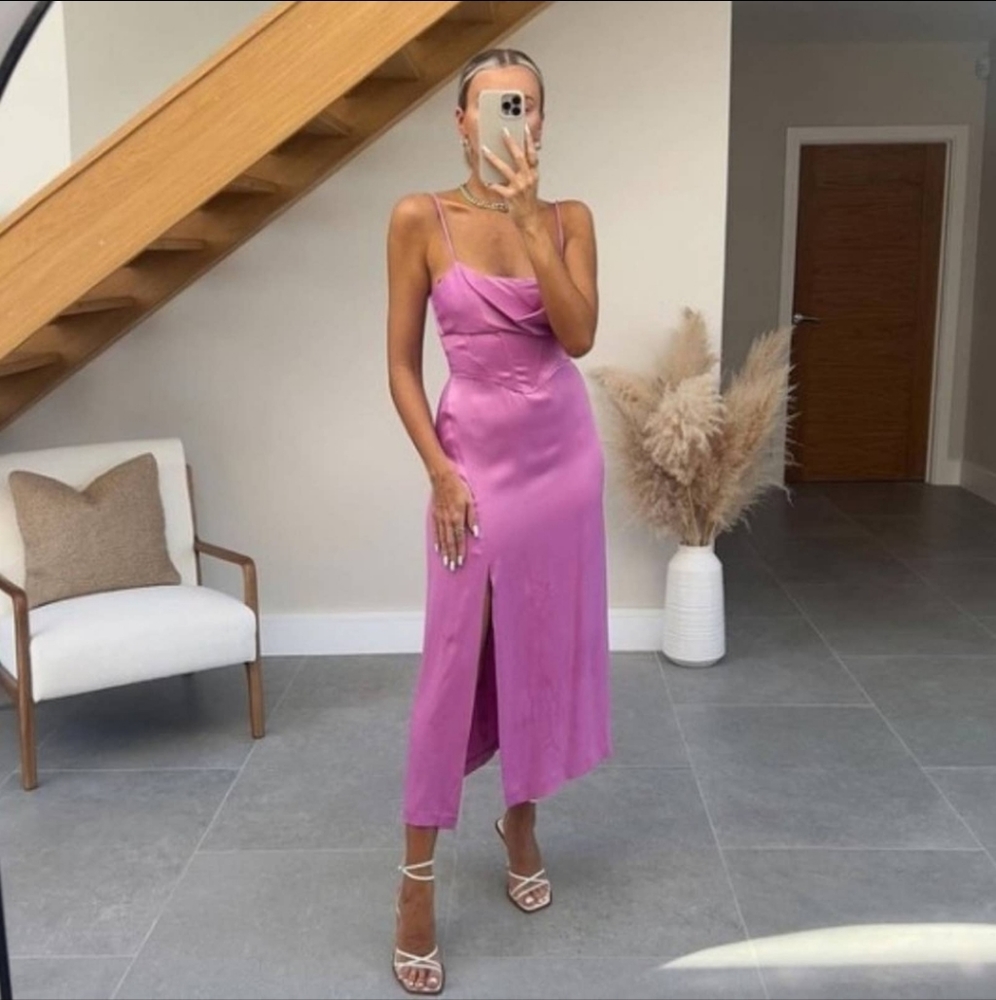 Zara Satin Effect Midi Dress with Spaghetti Straps Corset Pink Xs blogger fav